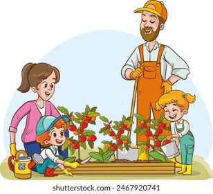 Happy cute little children are planting flowers with their parents.children are helping their parents with gardening