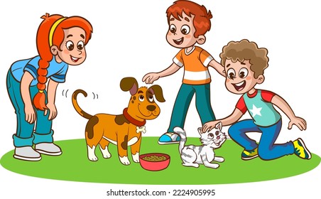 happy cute little chilren play with pet cat and dog vector illustration