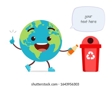 happy cute little earth mascot throw trash