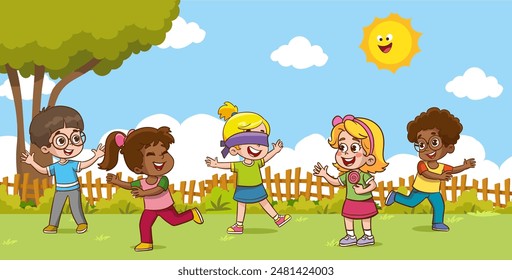 happy cute little ethnic kid boy and girl play tag blindfolded
