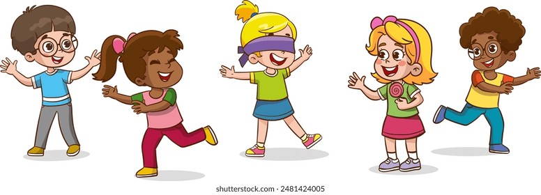 happy cute little ethnic kid boy and girl play tag blindfolded
