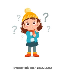 happy cute little feel confused and wear jacket in winter season. child thinking and wearing warm clothes