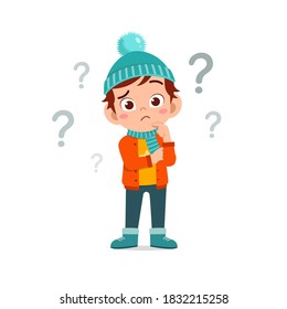 happy cute little feel confused and wear jacket in winter season. child thinking and wearing warm clothes
