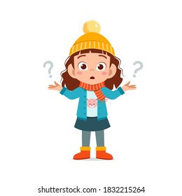 happy cute little feel confused and wear jacket in winter season. child thinking and wearing warm clothes