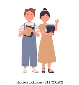 Happy cute little girl and boy holding books in hands. Reading lovers and education children cartoon vector illustration
