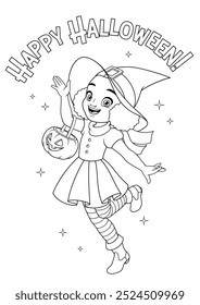 Menina bonita feliz vestida como uma bruxa com jack-o-lanterna cesta de abóbora truque-ou-tratamento no Halloween. Ilustração em preto e branco vetorial para colorir a página do livro.