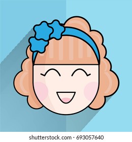 Happy Cute Little Girl Face Icon.
Laughing girl with curly hair and blue flowers on bandage.
Vector illustration flat style in pastel colors on blue background.