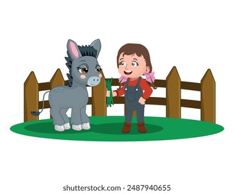 happy cute little girl feeding donkey, vector illustration.