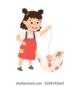 Happy cute little girl playing with her pet cat cartoon vector illustration