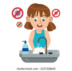 Happy cute little girl showing her clean hands after washing hands with antibacterial soap and water at the sink and as prevention against Virus and Infection and personal hygiene.