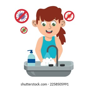 Happy cute little girl showing her clean hands after washing hands with antibacterial soap and water at the sink and as prevention against Virus and Infection and personal hygiene.