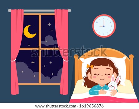 happy cute little girl sleep in bed room