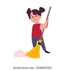 Happy cute little girl sweeping floor. Cartoon children cleaning duty, housework chores. Domestic kids job responsibility. Vector flat illustration character isolated on white