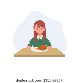 happy cute little girl at the table is ready to eat fried chicken drumstick, turkey drumstick on the plate , yummy , vector flat style cartoon illustration