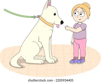 happy cute little girl want to pet the dog, nice cartoon illustration for children isolated on white background, flat design