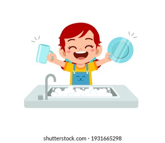 happy cute little girl washing dish in the kitchen