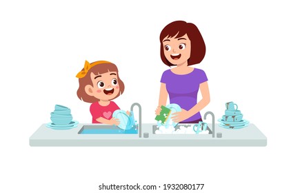 happy cute little girl washing dish with mother