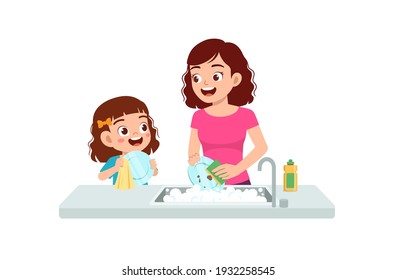happy cute little girl washing dish with mother