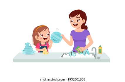 happy cute little girl washing dish with mother