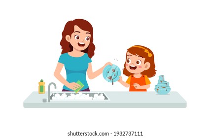 happy cute little girl washing dish with mother