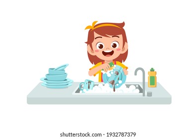 happy cute little girl washing dish in the kitchen