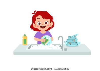 happy cute little girl washing dish in the kitchen