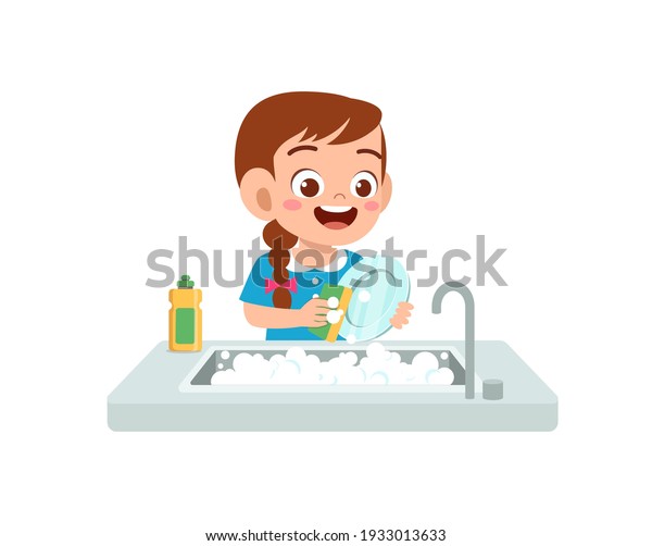 Happy Cute Little Girl Washing Dish Stock Vector (Royalty Free ...