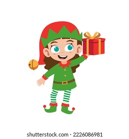 Happy cute little girl wearing green elf christmas costume vector illustration