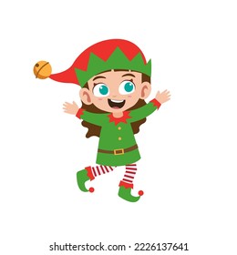 Happy cute little girl wearing green elf christmas costume vector illustration