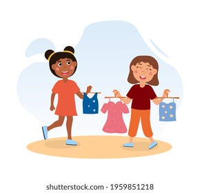 Happy cute little girls choose clothes together. Little children are trying on dress and blouse in a fitting room. Concept of childhood clothing joy. Flat cartoon vector illustration