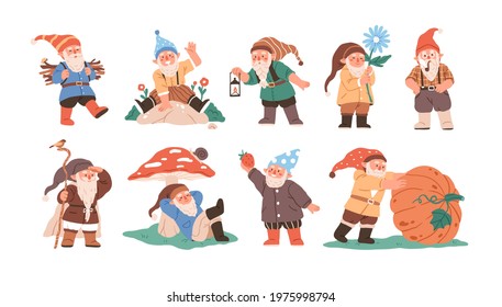Happy cute little gnomes in autumn. Funny bearded garden dwarfs with lantern, flower, pipe, mushroom and pumpkin. Colored flat vector illustration of fairytale characters isolated on white background.