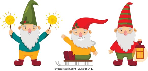 Happy cute little gnomes in winter. Funny bearded garden dwarfs with sparklers, lamps, and sled.  Colored flat vector illustration of fairytale characters isolated on white background.