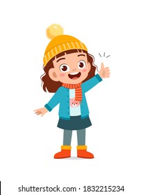 happy cute little have idea and wear jacket in winter season. child thinking and wearing warm clothes