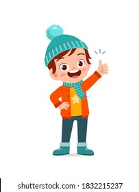 Happy Cute Little Have Idea And Wear Jacket In Winter Season. Child Thinking And Wearing Warm Clothes