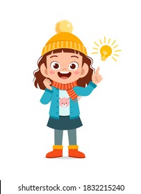 happy cute little have idea and wear jacket in winter season. child thinking and wearing warm clothes