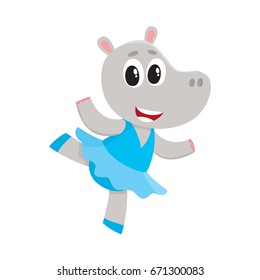Happy cute little hippo character, ballet dancer in pointed shoes and tutu skirt, cartoon vector illustration isolated on white background. Little hippo baby animal, ballet dancer, ballerina in tutu