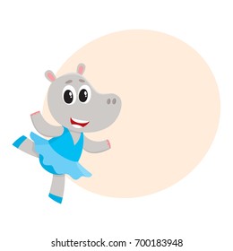 Happy cute little hippo character, ballet dancer in pointed shoes and tutu skirt, cartoon vector illustration with space for text. Little hippo baby animal, ballet dancer, ballerina in tutu