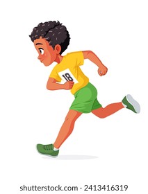 Feliz lindo niño indio corriendo una maratón. Ilustración vectorial de dibujos animados aislada en fondo blanco.