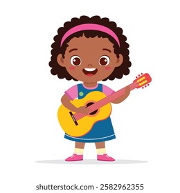 Happy Cute Little Kid African Girl Play Guitar, Flat Vector Illustration