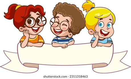 happy cute little kid with blank banner vector illustration