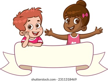 happy cute little kid with blank banner vector illustration