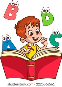 happy cute little kid with book and letters.cute little child reading a book vector illustration.children learning to read and write