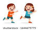 happy cute little kid boy and girl play run tag