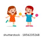 happy cute little kid boy and girl sharing food to friend