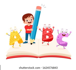 happy cute little kid boy with book and letters