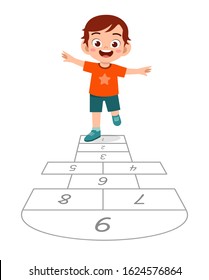 happy cute little kid boy play hopscotch