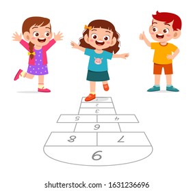 happy cute little kid boy and girl play hopscotch