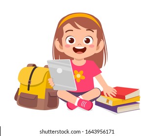 happy cute little kid boy study using tablet