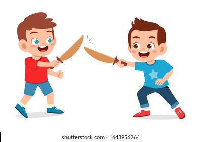 Happy Cute Little Kid Boy Play Wooden Sword