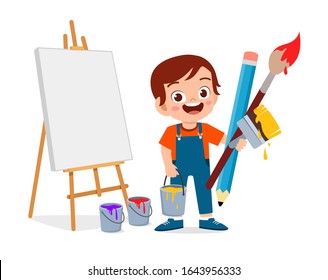 happy cute little kid boy paint artist